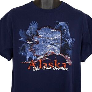 Alaska T Shirt Mens Size Large Blue Grizzly Bear Wolf Moose Bald Eagle Travel